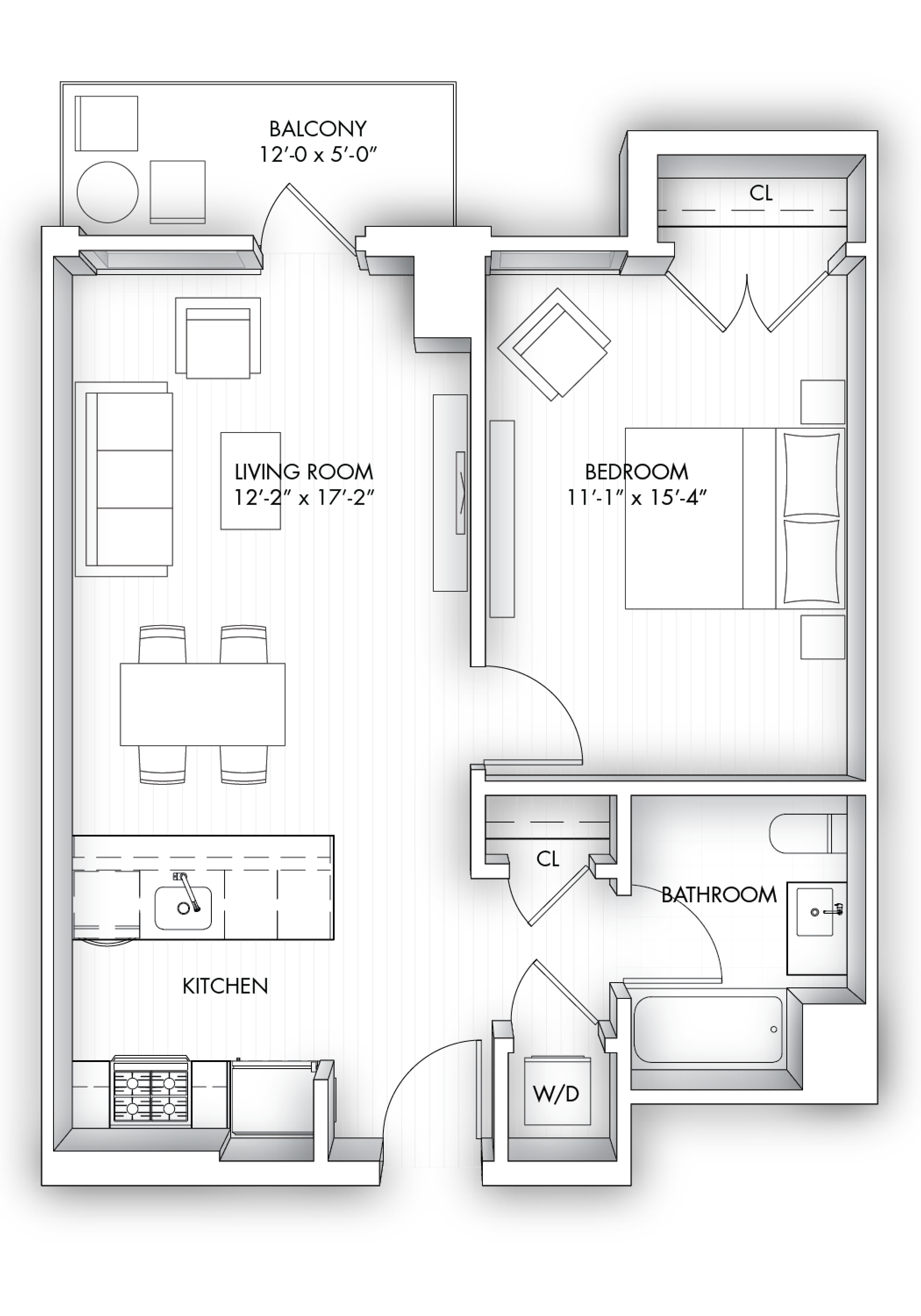 Floor plan for 1 bed, 1 bath, 696 sqft